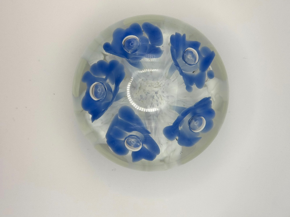 Joe Rice Glass Paperweight Controlled Bubble Blue Trumpet Flower 4" Vintage